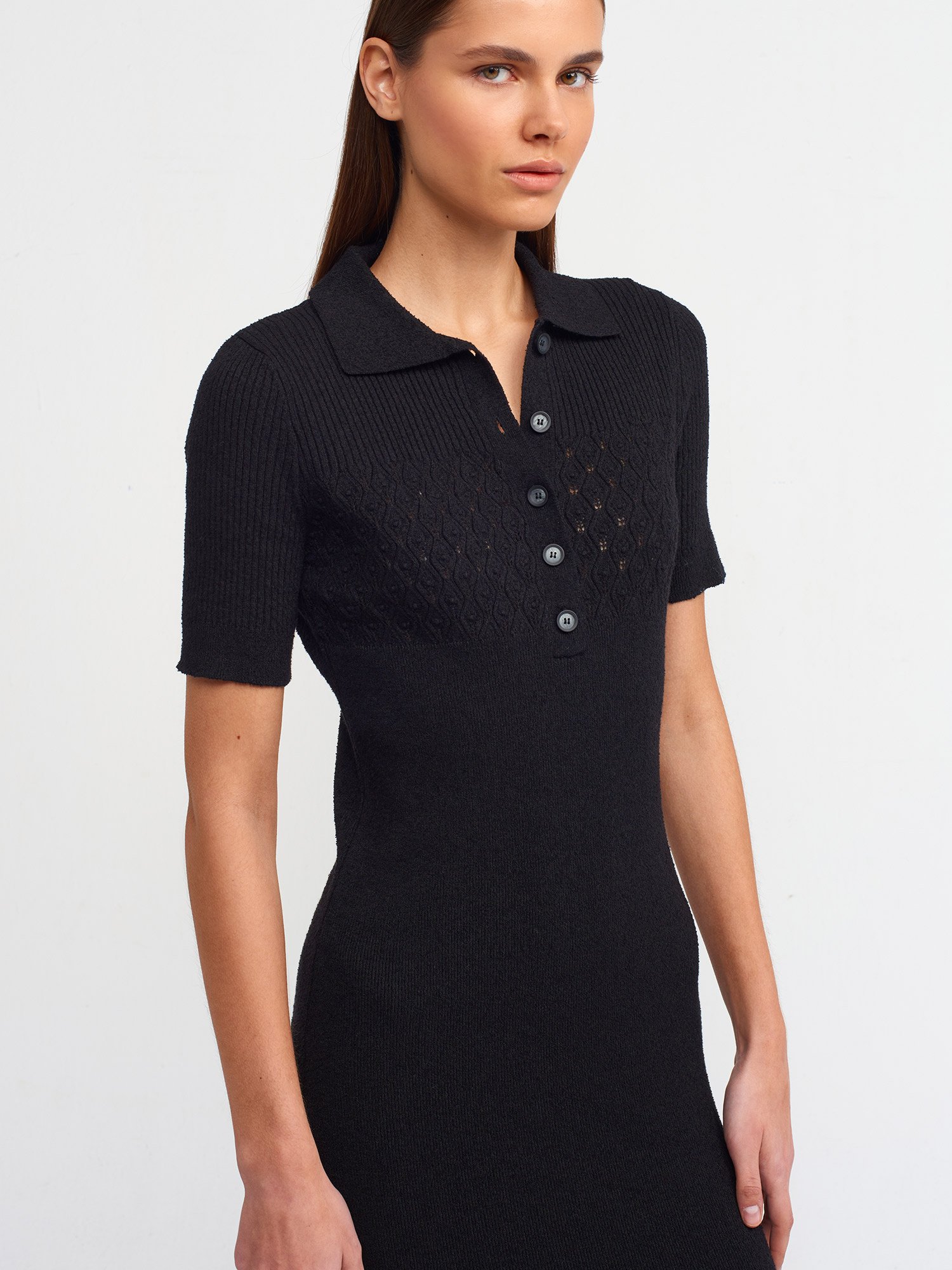 Siyah Polo Yaka Fırfırlı Triko Elbise