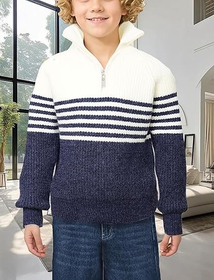 8-9 YAŞ erkek Çocuk Yarım Fermuarlı Çizgili Triko Kazak 