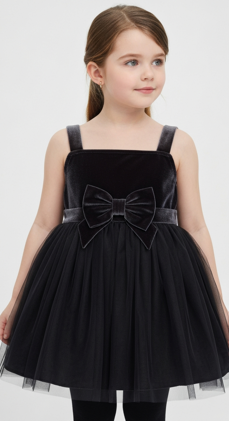 Kadife Fiyonklu Tüllü Kız Çocuk Elbise