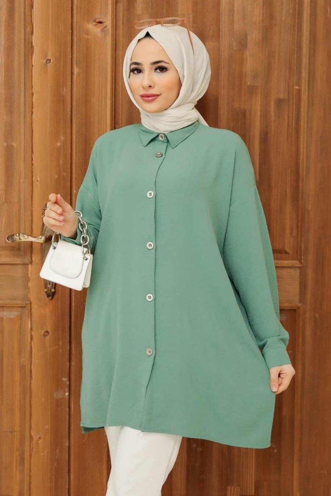 Blok Renkli Çağla Yeşili Tesettür Triko Kazak Tunik