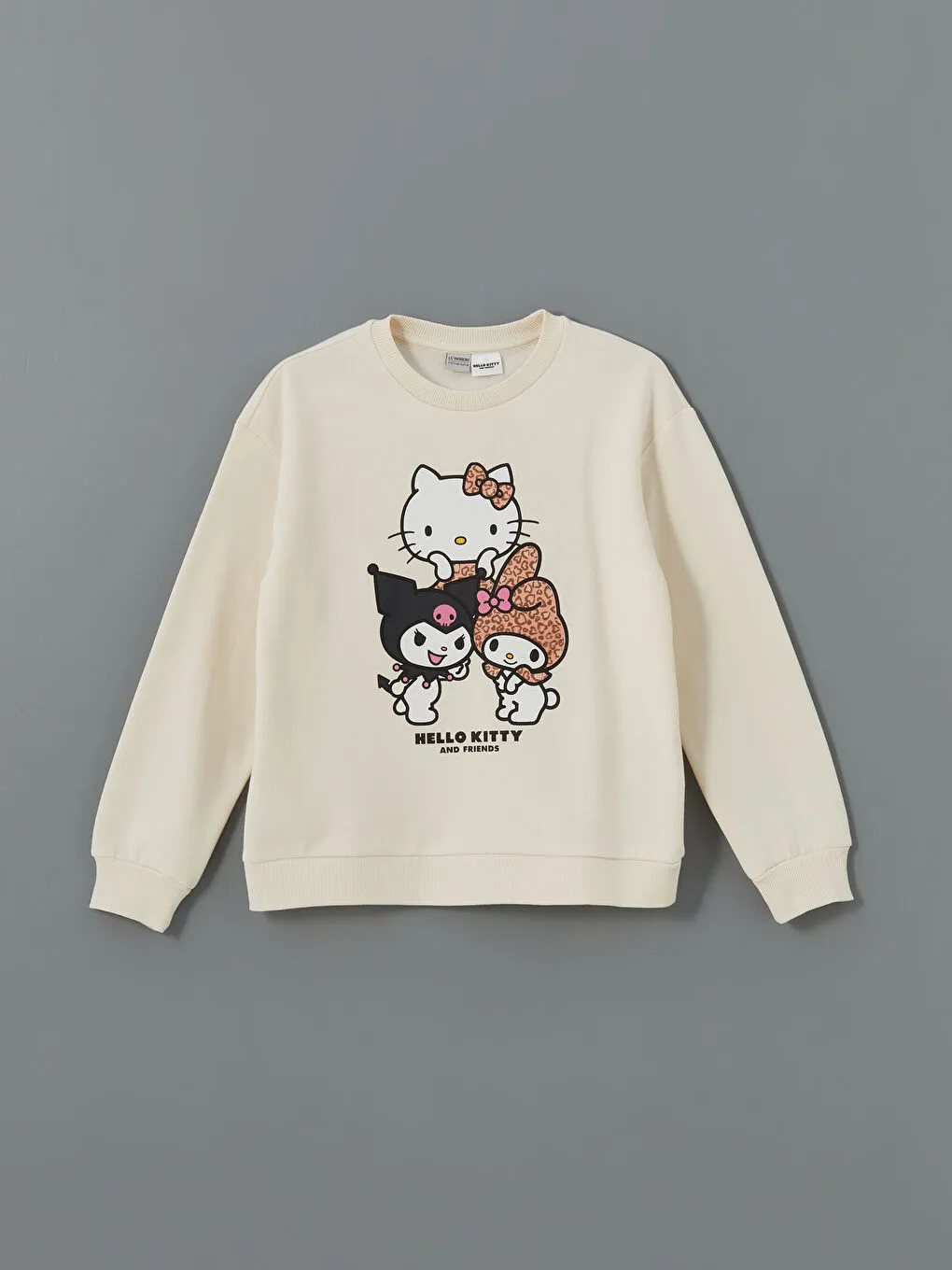 Ekru Bisiklet Yaka Hello Kitty Baskılı Kız Çocuk Sweatshirt