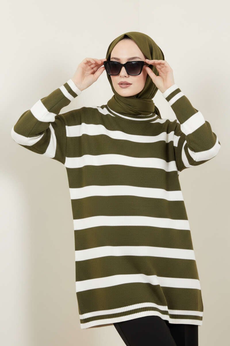 Aston Çizgi Detay Haki Triko Elbise